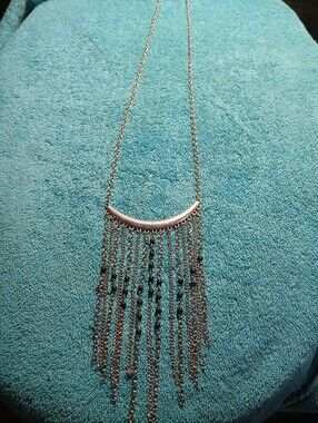 Silver Fringe Pendant Necklace with Black Bead Accents